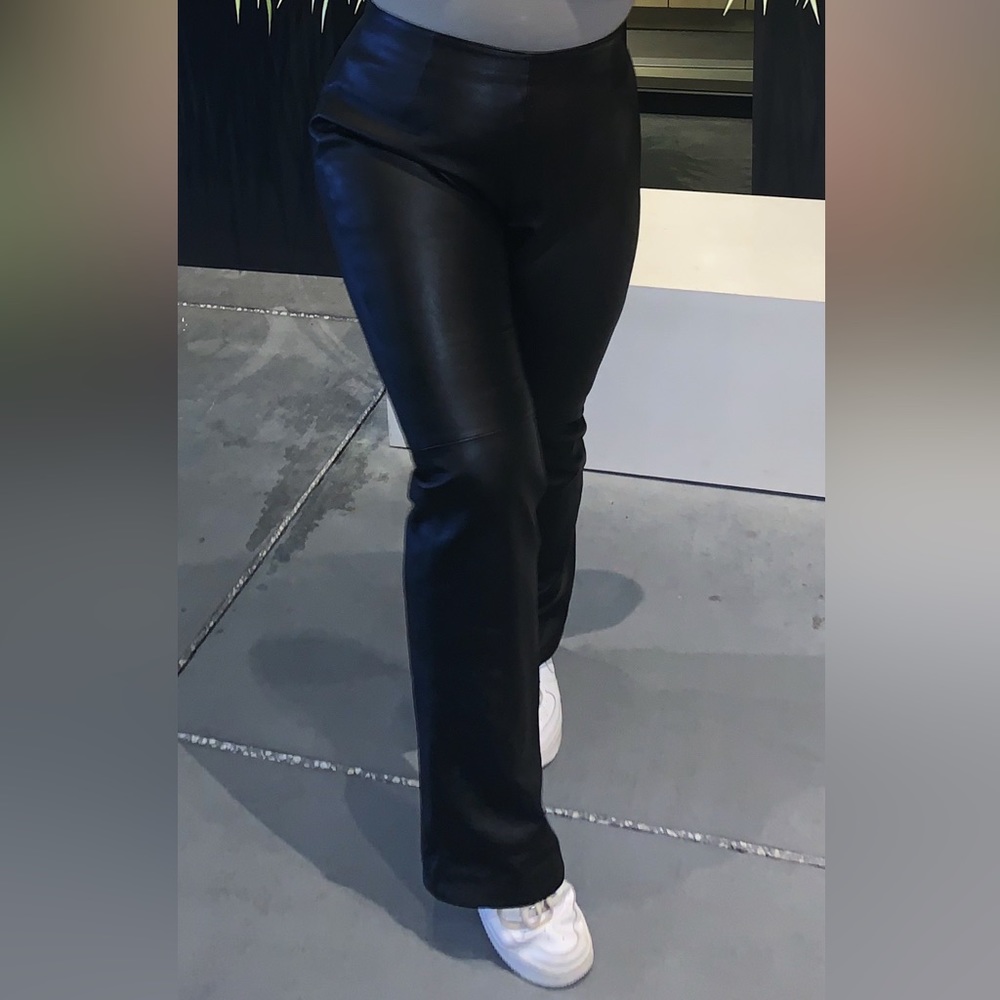 flare leg genuine leather pants (petite)